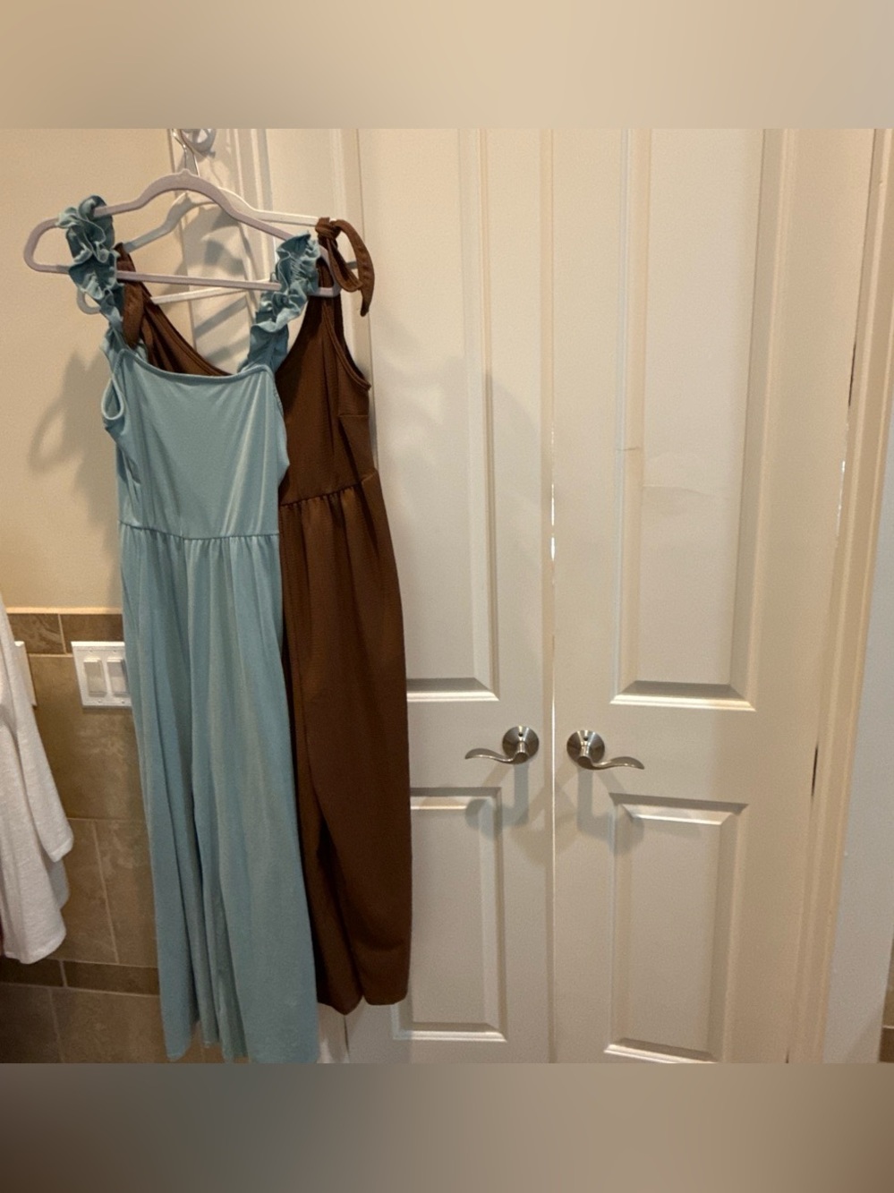 entro Ruffle-Strap Jumpsuit in Light Blue and Brown